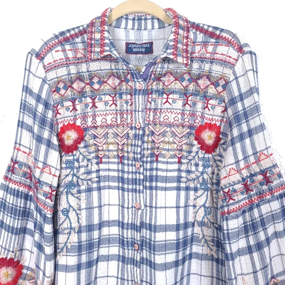 JOHNNY WAS Workshop Freddie Plaid Embroidered Flannel Button Down Shirt - Picture 4 of 12